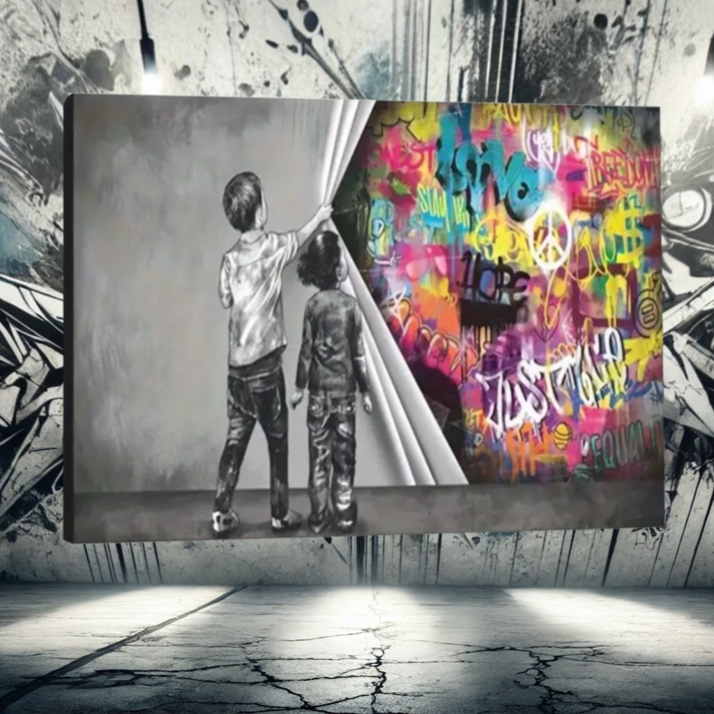 Une toile captivante représentant deux enfants soulevant un rideau pour révéler un univers coloré rempli de graffitis. Idéal pour les amateurs d’art urbain et de street art.