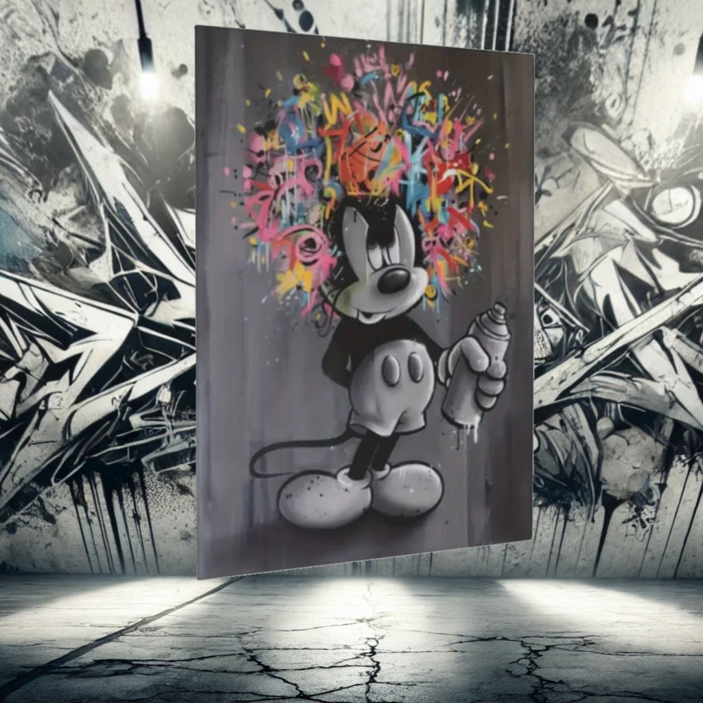 Une toile expressive mettant en scène Mickey Mouse entouré de graffitis colorés. Un mélange saisissant de culture pop et de street art.